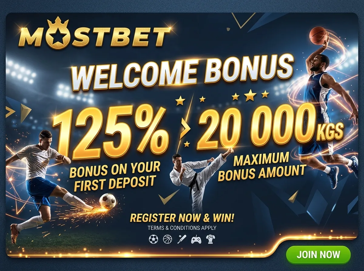 Яркий баннер букмекера Mostbet с золотым логотипом на тёмном фоне, крупные цифры «125%» и «20 000 KGS», динамичный спортивный дизайн